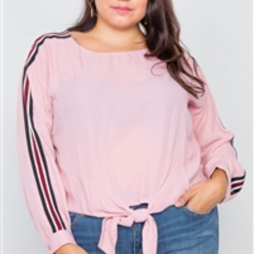 Vintage inspired  Pink Color Block Sleeve Front Knot Semi-Sheer Top   1x 2x 3x